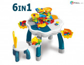 Մանկական լեգոի սեղան 6-ը 1-ում, 133 կտոր , կոնստրուկտորի սեղան աթոռ legoi sexan Стол для лего