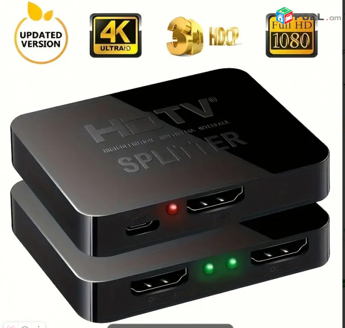 Разветвитель HDTV 4K 1x2 - Дублирование для Двух Мониторов, Усилитель Full HD 1080P 3D с Кабелем