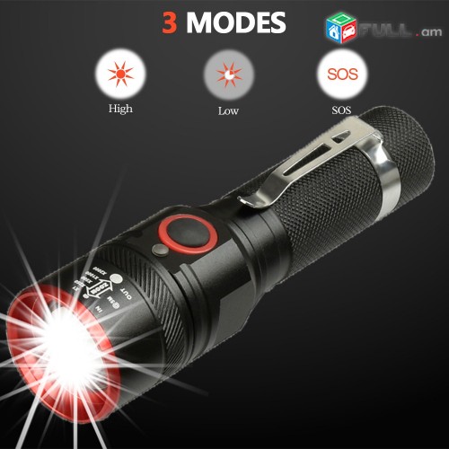 fanarik լուսարձակ Led mini ֆանար 3 Rejim zoom մարտկոց  USB cable kabel