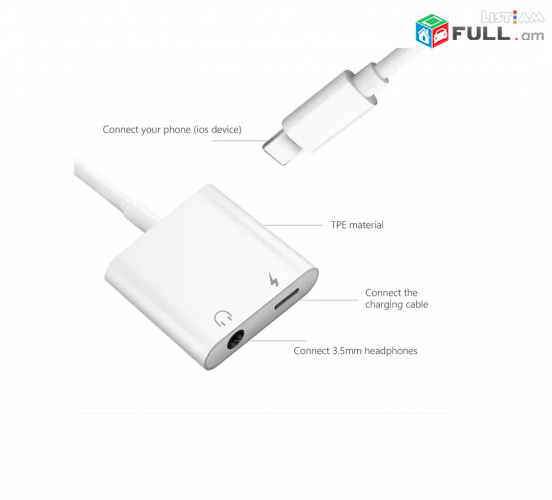 Aux Phone adapter charger lightning 3.5mm for Iphone 7 8 plus X XS ադապտր
