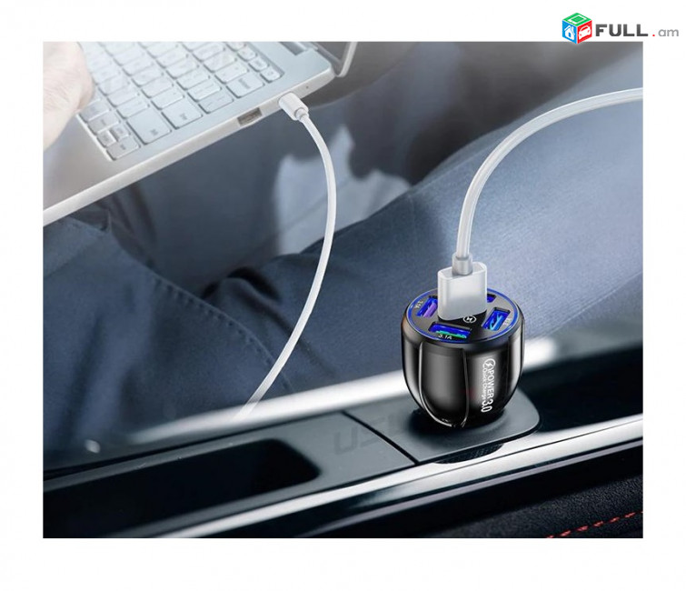 QC 3.0 Автомобильное Зарядное устройство USLION USB Car Charger 15A adapter Type C Լիցքավորիչ Մալուխ 