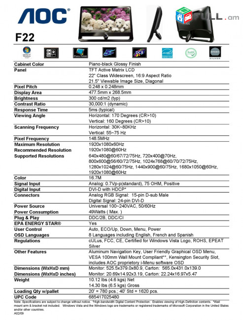 AOC TFT22W90PS F22+  22" Monitor Մոնիտոր ЖК- монитор VGA DVI 1920x1080 75Ghz LCD 