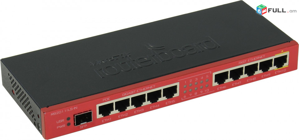 RB2011iLS-IN Mikrotik 5xEthernet, 5xGigabit Ethernet, SFP cage, PoE out on port 10, 600MHz CPU, 64MB RAM, RouterOS L4  witout WIFI 