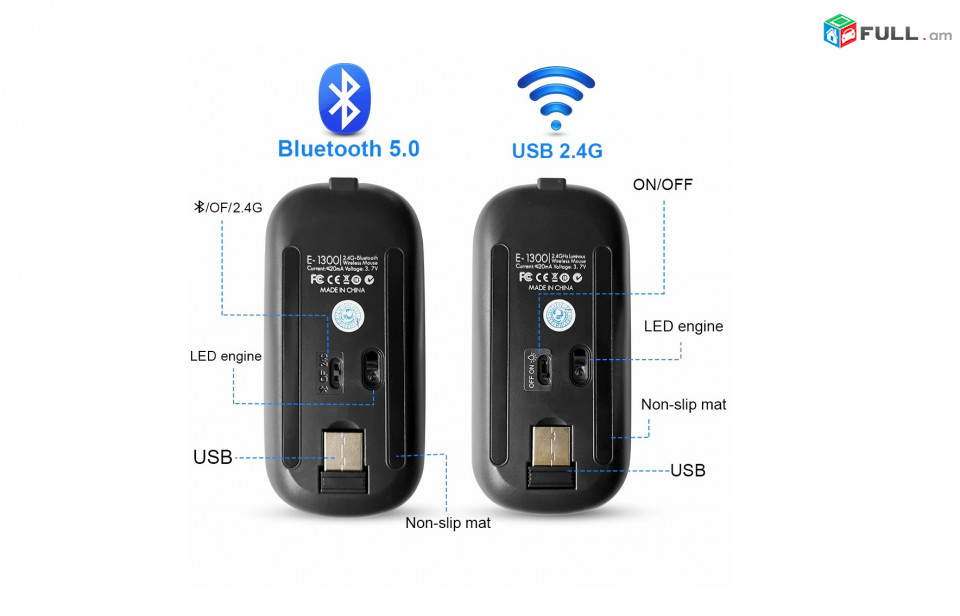 Լուռ անլար լիցքավորվող մկնիկ Silent Game RGB wireless mouse wifi bluetooth Мышь беспроводная аккумуляторная