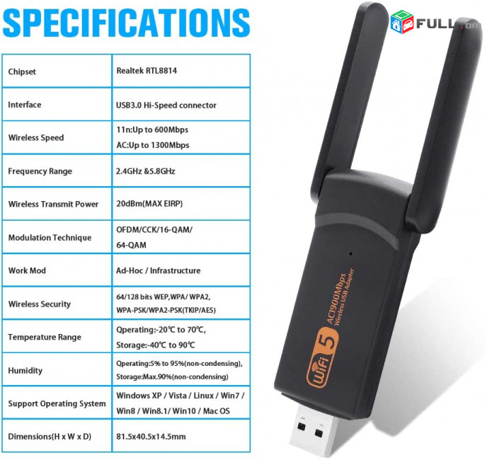 ADAPTER USB3.0 - 1300Mbps + Bluetooth 4.2 Receptor WIFI USB Network Card Wireless WIFI Dongle Dual Band 5GHz Long Range Wireless Wi/Fi Adapter Card Wi-Fi Antenna