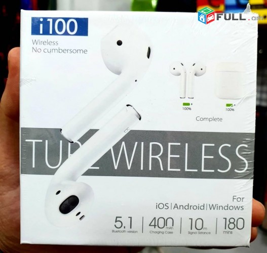 Անլար ականջակալ i100 TWS, airpods, anlar kanajakal, layn ejan tesakani mez mot,