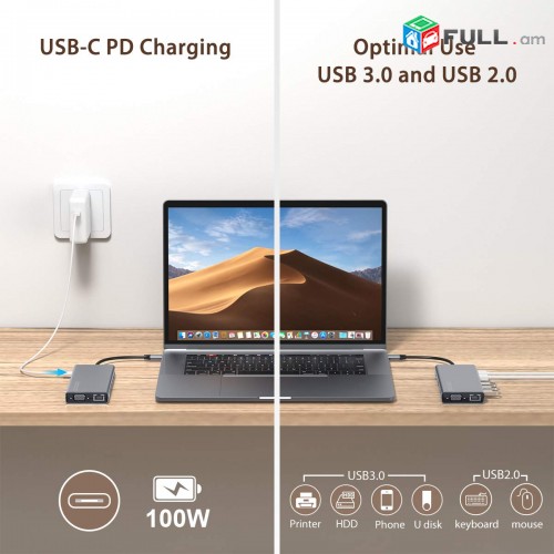 USB C HUB Adapter 14 in 1 with 4K HDMI, VGA, 100W PD, Gigabit Ethernet, SD/TF Card Reader, Type C