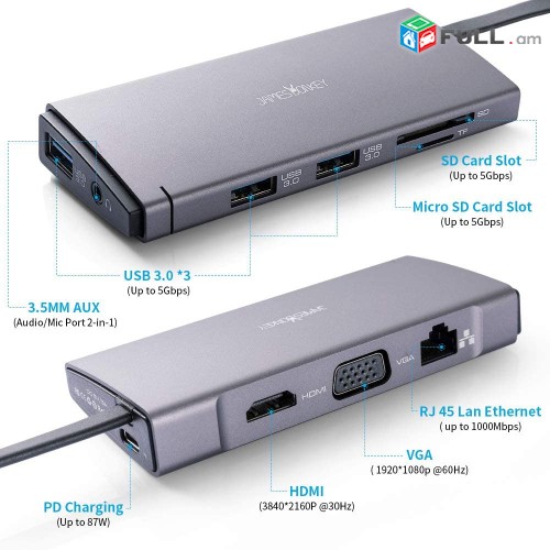 USB C HUB,USB C 10 in 1 Type C to VGA HDMI USB 3 TF SD LAN AUX TypeC