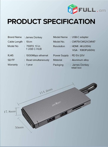 USB C HUB,USB C 10 in 1 Type C to VGA HDMI USB 3 TF SD LAN AUX TypeC