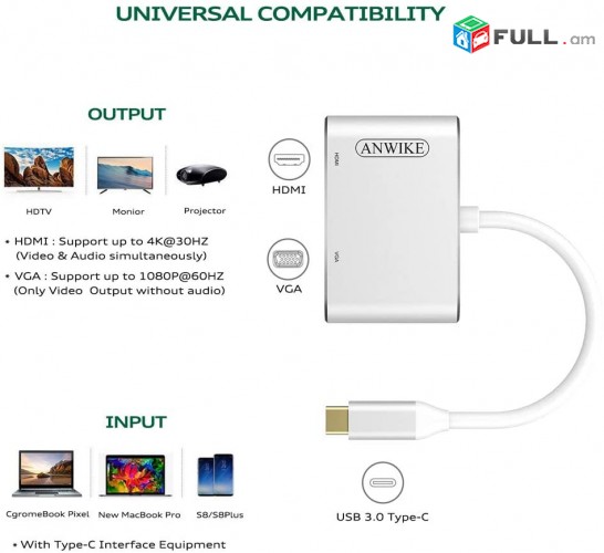 USB 3.1 Type-C to HDMI VGA Adapter, TypeC, Type C