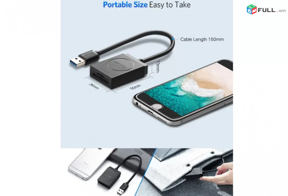 UGREEN Card Reader, Model 20250, USB 3.0, SD, TF, MicroSD Card Reader, 15CM