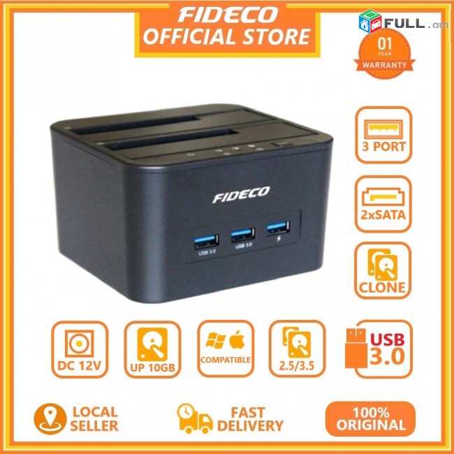 FIDECO SATA Hard Drive Docking Station, USB 3.0 SSD dock station, Dual Bay, Model : Y842H 16TB support