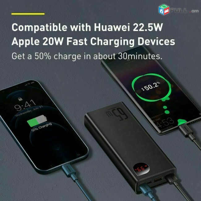 Baseus Power Bank 20000mAh Quick Fast Charge 65W USB C PD External Battery
