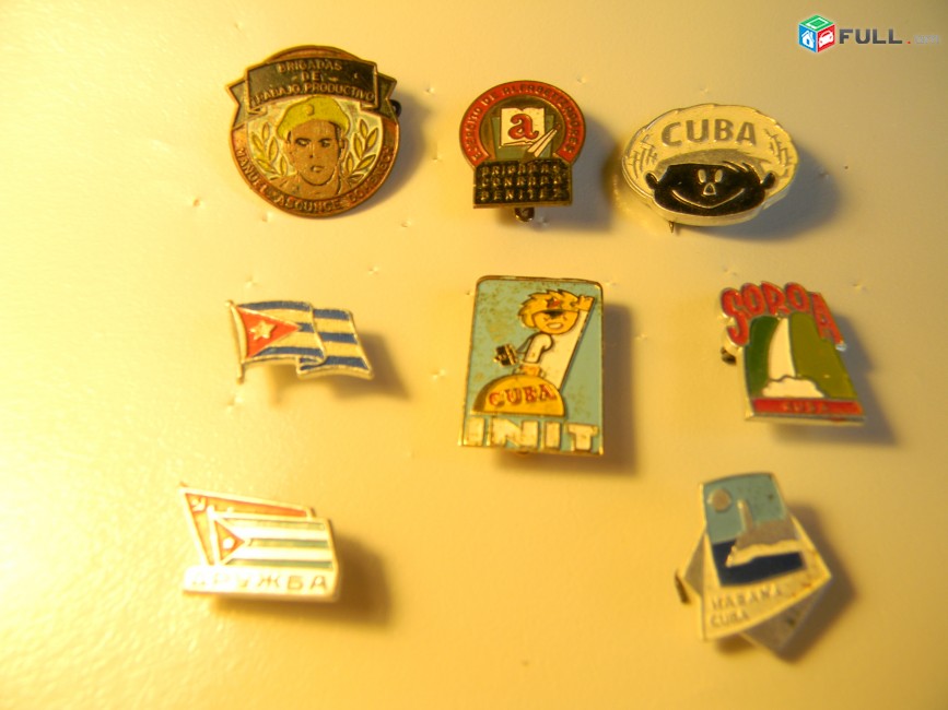 значок.Куба. 9 разных: Brigadas, CUBA INIT, SOROA, Дружба, HABANA, Фидель Кастро.  