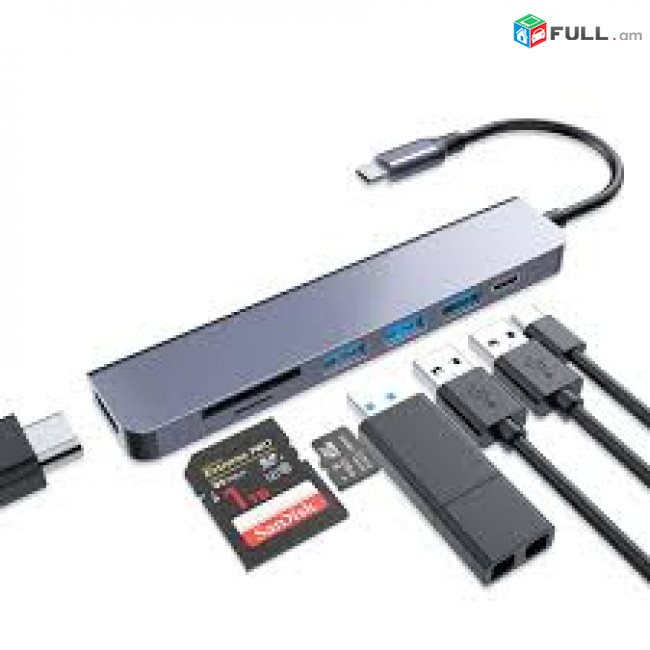 Usb type-c to + usb3.0 * 2 + hdmi + 2 * usb-c CARD REader Micro, SD նոր