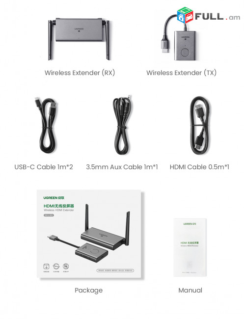 Ugreen HDMI անլար թողարկիչ-ընդունիչ 4K & FHD մինչև 50մ беспроводной HDMI удлинитель 5Ghz extender