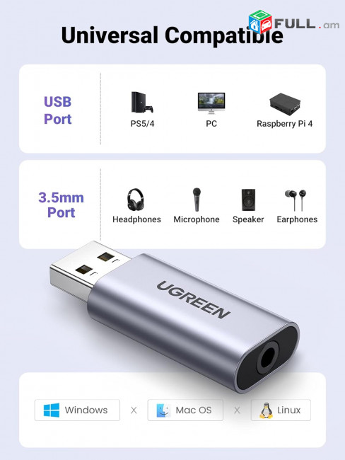 SOUND CARD - UGREEN USB to Audio Jack USB External Sound Card 3.5mm Audio Adapter SOUND CARD