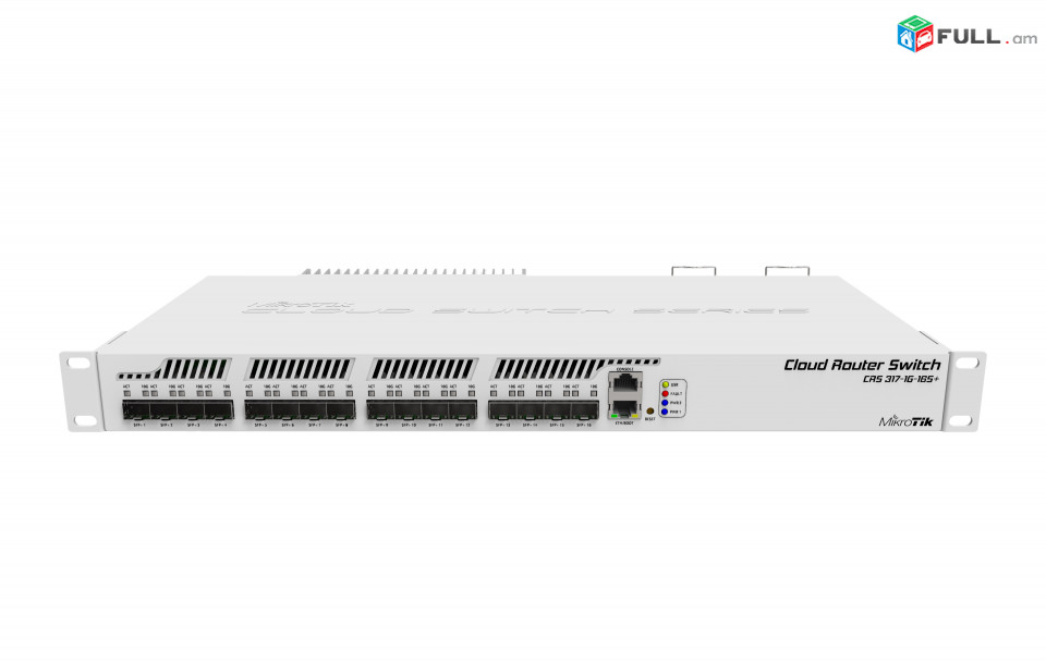 Cloud Router Switch 317-1G-16S + RM / 1 x Gigabit LAN, 16 x SFP + cages, Dual Core 800MHz CPU, 1GB RAM, 1U rackmount passive cooling case
