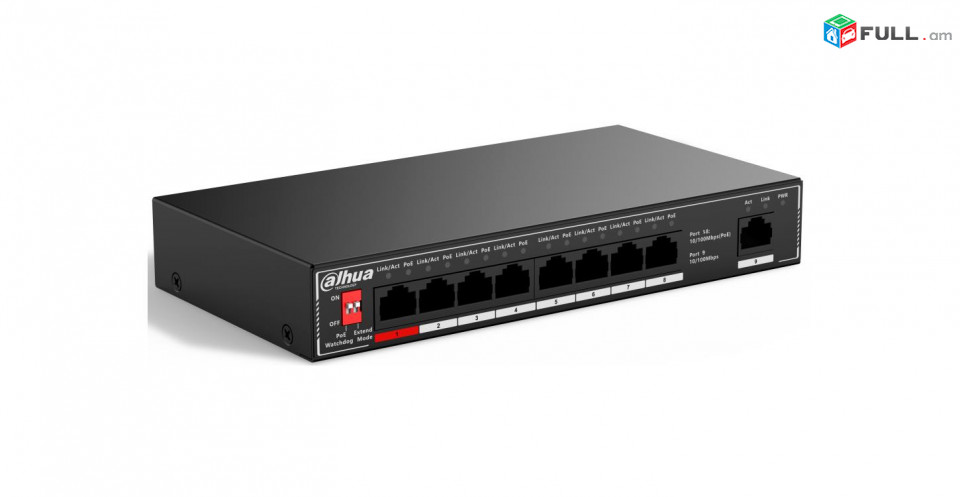 DAHUA DH-SF1009P 9 port коммутатор с РоЕ, 8xRJ45 100Mb PoE, 1xRJ45 100Mb uplink, суммарно 96w 1.8 Гбит/с